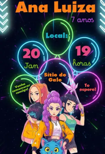 Convite Convite Guerreiras do K-Pop para aniversário infantil com tema k-pop. – tema aniversário infantil (cores vibrantes, estilo moderno, elementos gráficos do K-Pop, design alegre, inspirado na cultura pop, temática musical)