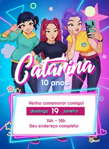 Convite Convite Guerreiras do Kpop Colorido – tema aniversário