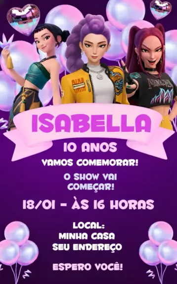Convite Convite Guerreiras do Kpop Roxo editável e personalizável