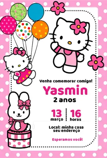 Convite Convite Hello Kitty Balões para aniversário infantil com tema hello kitty. – tema cartão (rosa, branco, colorido, divertido, infantil, temático)