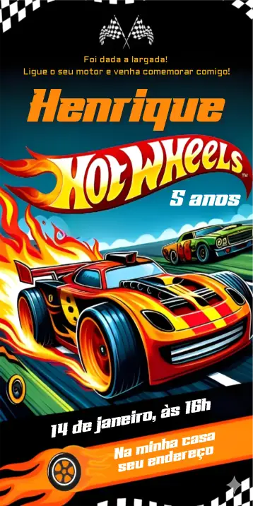 Convite Convite Hot wheels 1 para aniversário infantil com tema de carros e corridas. – tema cartão (temática de corrida, cores vibrantes, estilo moderno, elementos gráficos de carros, design divertido, inspirado em aventuras)
