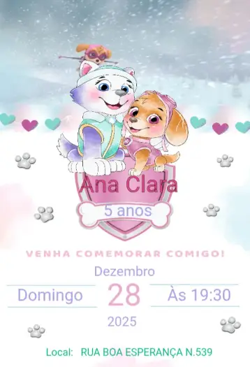 Convite Convite Infantil Patrulha Canina Rosa editável e personalizável