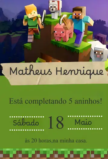 Convite Invitación Minecraft para cumpleaños infantil con temática minecraft. – tema cumpleaños infantil (temática Minecraft, colores verde y marrón, elementos gráficos del juego, estilo divertido, diseño lúdico)