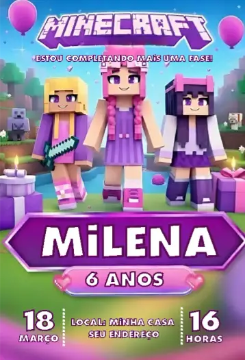 Convite Convite Minecraft Menina editável e personalizável