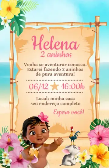 Convite Convite Moana Baby para aniversário infantil com tema moana. – tema aniversário infantil (tropical, floral, colorido, infantil, aqua, aventura)