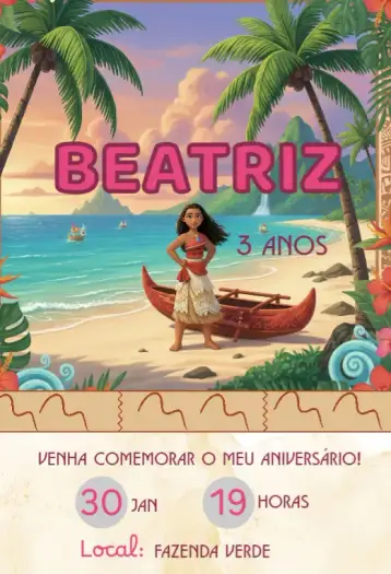 Convite Convite Moana para aniversário infantil com tema moana. – tema aniversário (cores vibrantes, elementos do oceano, inspirado na Disney, tema polinésio, ilustrações divertidas, estilo aventureiro)