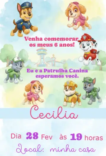 Convite Convite Patrulha Canina – tema aniversário infantil
