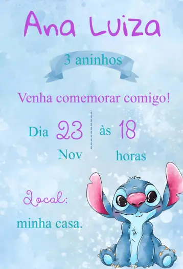 Convite Convite Stitch para aniversário infantil com tema stitch. – tema aniversário infantil (colorido, divertido, temático, infantil, vibrante)