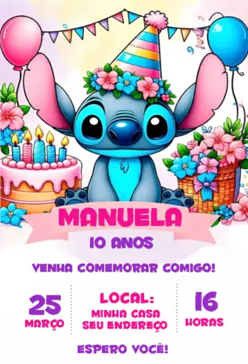 Convite Convite Stitch Colors 2 para aniversário infantil com tema stitch. – tema aniversário infantil (colorido, divertido, infantil, fantasia, doce, vibrante)