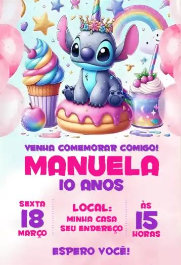 Convite Convite Stitch Doces Colors para aniversário infantil – tema aniversário infantil (colorido, divertido, temático, doce, alegre, infantil)