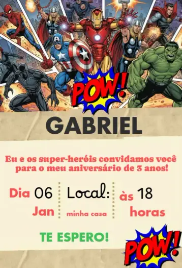 Convite Convite Supe-heróis editável e personalizável