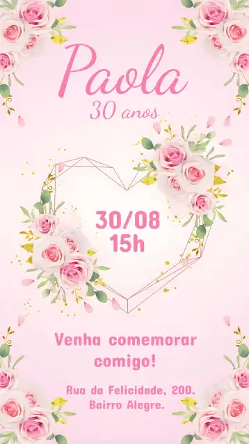Invitación Corazón Floral Adulto – tema Cumpleaños floral, delicado, rosa, femenino, moderno, elegante