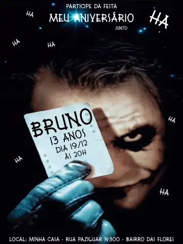 Convite DC Joker para children's birthday with superheroes theme. – tema kids' birthday party (black, gray, white, comics, superheroes, modern)