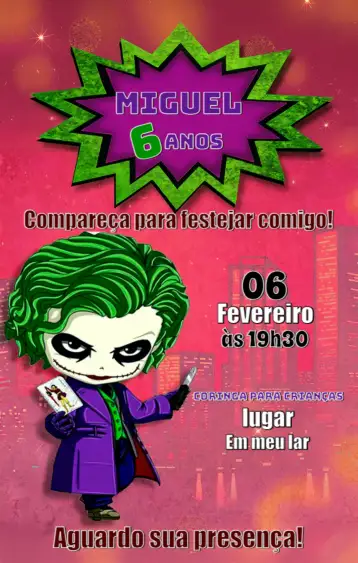 Convite Coringa Infantil para aniversário infantil com tema do coringa. – tema aniversário infantil (vibrante, temático, divertido, moderno, colorido)