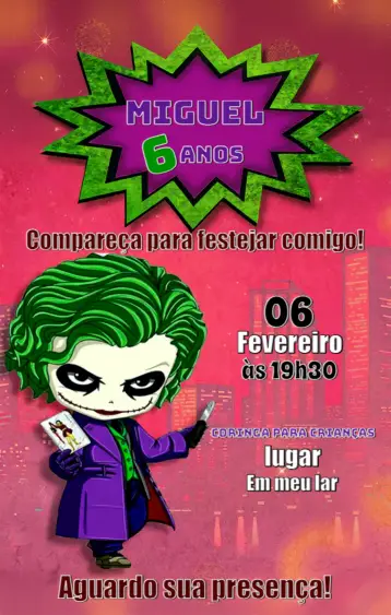Convite Coringa Infantil editável e personalizável
