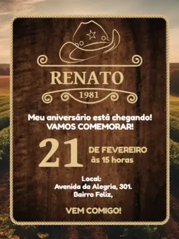 Convite Country - Fazendeiro Adulto para aniversário adulto com tema country e fazendeiro. – tema aniversário (rustico, madeira, sertanejo, agro, country, vintage)