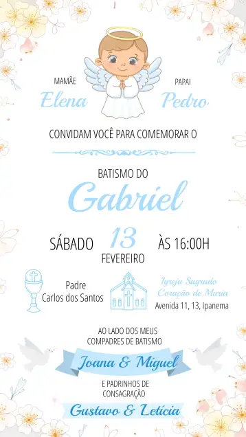 Convite Invitación Bautizo Flor para bautizo de niño – tema bautismo (floral, azul, moderno, delicado, infantil)