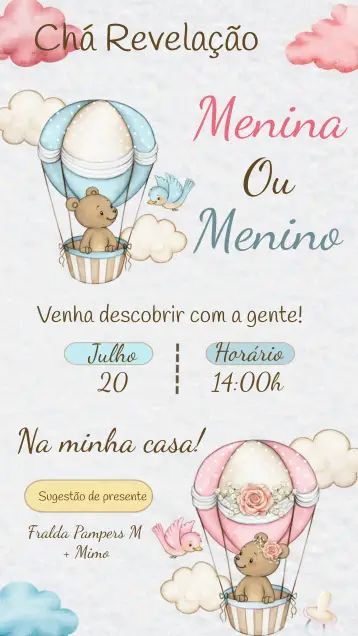 Invitación Covnite De Chá Revelação Ursinhos Baloeiros Menino editable y personalizable