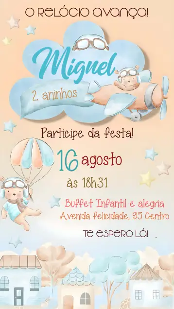Convite Covnite O Tempo Voa Infantil para chá de fraldas – tema chá de fraldas (aquarela, aviador, urso, cores suaves, infantil, lúdico)