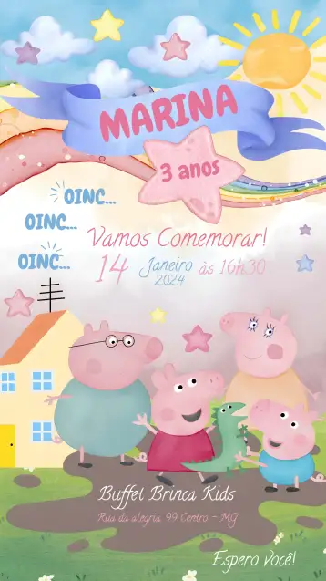 Convite Covnite Peppa Pig para aniversário infantil com a temática peppa pig. – tema mais pesquisados (aquarela, rosa, infantil, divertido, colorido, temática)