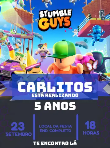 Convite Covnite Stumble Guys Kids Invitation para kids birthday – tema most searched for (gamer, modern, vibrant, fun, childish)