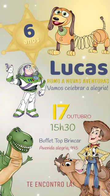 Convite Covnite Toy Story Aquarela para aniversário infantil com tema toy story. – tema mais pesquisados (aquarela, colorido, infantil, animado, divertido, temático)