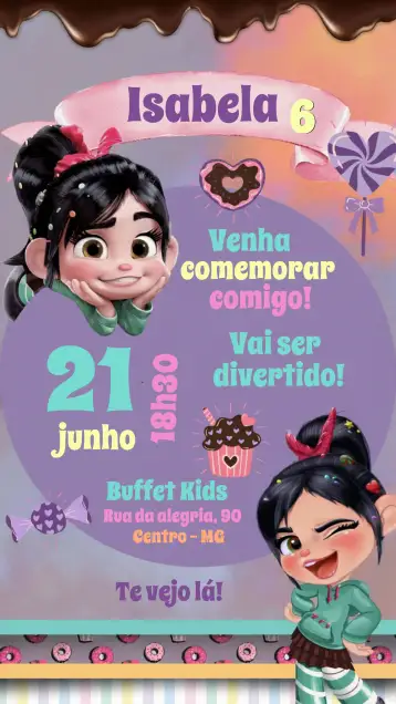 Convite Invite Vanellope Von Schweetz Sweets para children's birthday. – tema most searched for (colorful, sweet, childlike, fun, playful)