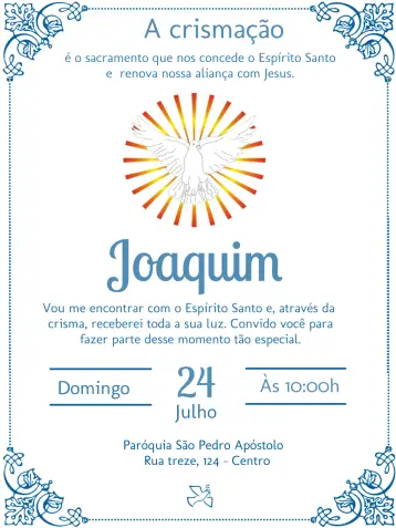 Convite Crisma Espírito Santo Batizado para celebração da primeira comunhão e crisma. – tema primeira comunhão (azul, religioso, minimalista, moderno, elegante, divino)