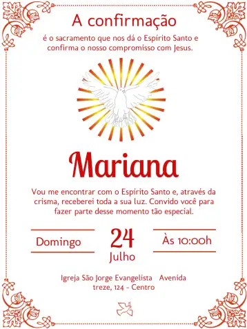 Convite Crisma Espírito Santo Vermelho editável e personalizável