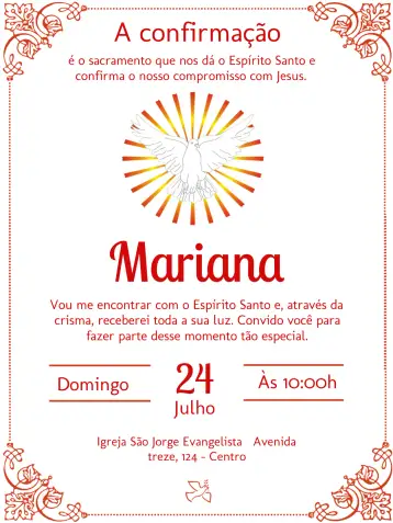Convite Crisma Espírito Santo Vermelho para celebração da primeira comunhão. – tema primeira comunhão (vermelho, religioso, elegante, moderno, simples, espiritual)