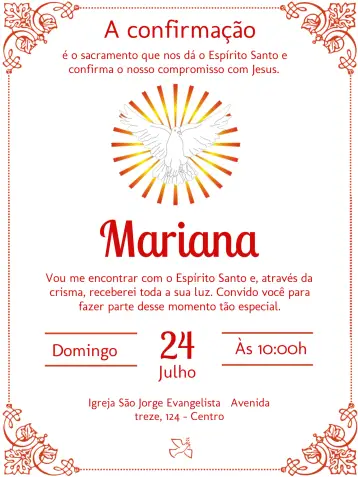 Convite Crisma Espírito Santo Vermelho para celebração da primeira comunhão. – tema primeira comunhão (vermelho, religioso, elegante, moderno, simples, espiritual)
