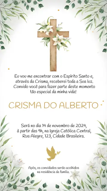 Convite Confirmation Saint para confirmation - a special religious celebration. – tema most searched for (white, foliage, elegant, minimalist, spiritual, modern)