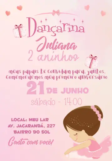 Convite De la Bailarina Corazón para cumpleaños infantil – tema cumpleaños infantil (rosa, colorido, ballet, princesa, divertido, mágico)