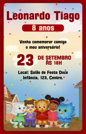 Convite Daniel Tiger Senhora para batizado infantil – tema batizado (colorido, divertido, infantil, moderno, animado)