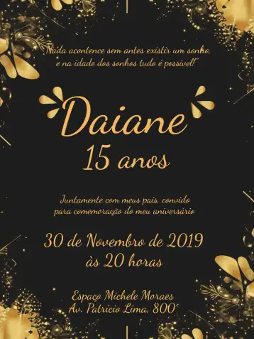 Convite Luxurious Elegant 15th Birthday Party para 15th birthday. – tema sweet 15 (golden, black, glitter, elegant, modern, classic)