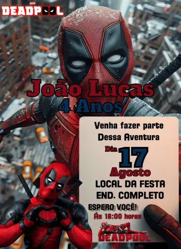 Convite Deadpool editável e personalizável