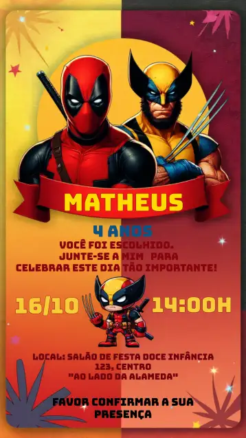 Convite Deadpool & Wolverine Festa para aniversário infantil com tema de super-heróis. – tema mais pesquisados (colorido, super-heróis, moderno, divertido, dinâmico)