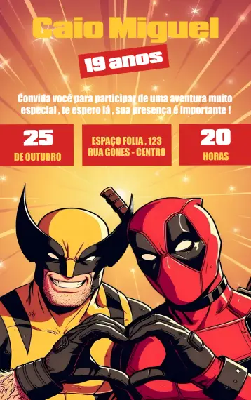 Convite Deadpool X Wolverine Amarelo editável e personalizável