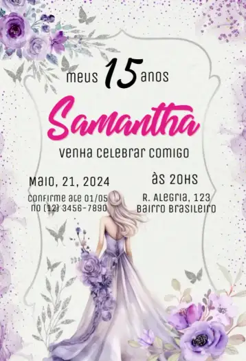 Convite Debutante 15 anos para aniversário de 15 anos, festa de debutante. – tema 15 anos (floral, romântico, elegante, rosa, moderno, delicado)