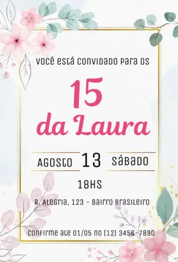 Convite Debutante 15 anos floral para festa de 15 anos. – tema 15 anos (floral, romântico, elegante, vintage, moderno)