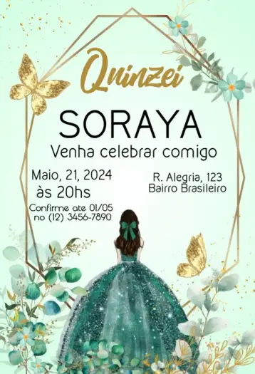Convite Debutante 15 anos Floral Gold e Verde para festa de 15 anos. – tema 15 anos (floral, dourado, romântico, elegante, moderno)