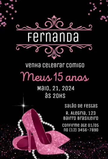 Convite Debutante 15 anos Sapato para festa de 15 anos em homenagem à debutante. – tema 15 anos (marmorizado, elegante, moderno, sofisticado, minimalista)