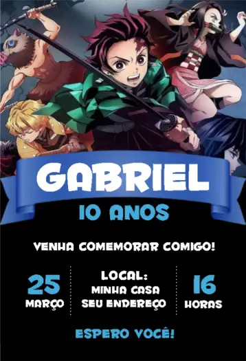Convite Demon Slayer 1 editável e personalizável