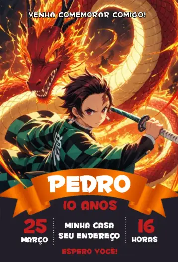 Convite Demon Slayer 2 para aniversário infantil com tema de anime. – tema aniversário infantil (vibrante, anime, colorido, moderno, divertido, temático)