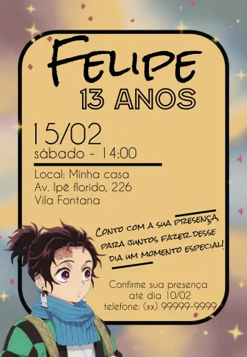 Convite Demon Slayer Anime Kimetsu No Yaiba Demonslayer para aniversário infantil de fãs de anime. – tema cumpleaños infantil (animado, colorido, moderno, aventura, jovial, fantasía)