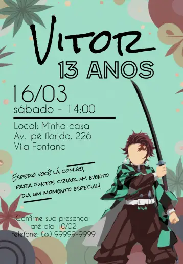 Convite Demon Slayer Anime Kimetsu No Yaiba Naruto para kids' birthday with an anime theme. – tema kids' birthday party (colorful, anime, modern, youthful, fantasy, adventure)