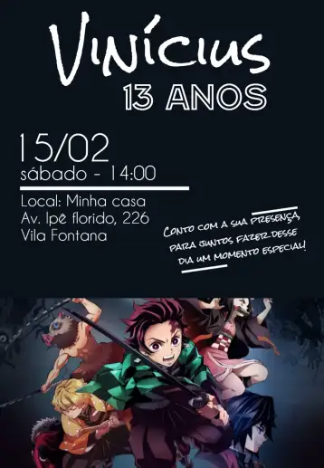 Convite Demon Slayer Anime Kimetsu No Yaiba Naruto para cumpleaños infantil con temática de anime. – tema cumpleaños infantil (colores vibrantes, estilo anime, elementos gráficos de aventura, diseño moderno, tema de acción)