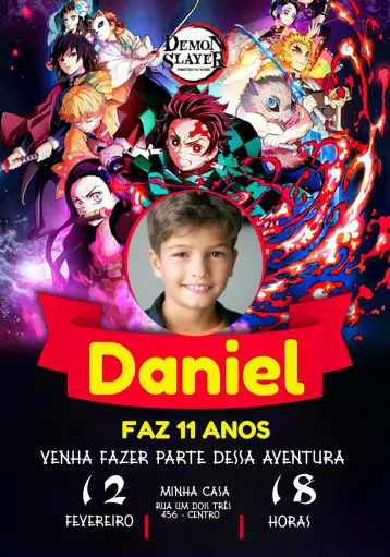 Convite Demon Slayer With Anime Photo para anime themed birthday. – tema most searched for (vibrant colors, anime style, action-packed graphic elements, modern design, manga illustrations)
