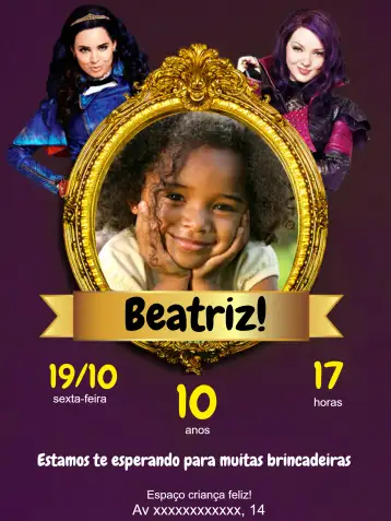 Convite Descendentes Com Foto Espelho para aniversário infantil – tema aniversário infantil (roxo, fantasia, divertido, colorido, lúdico, moderno)