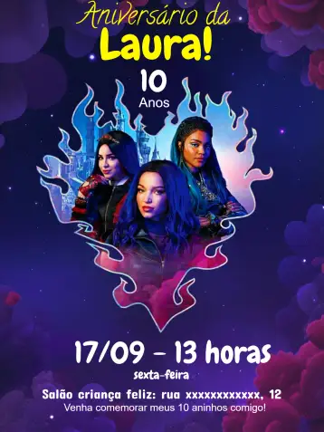 Convite Descendentes Coração para aniversário infantil – tema aniversário infantil (roxo, amarelo, branco, coração, castelo, divertido)